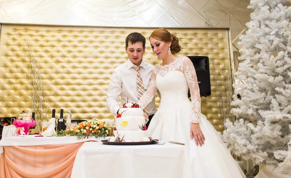 Mariée et marié coupent un gâteau de mariage, arbre de Noël sur le fond — Photo