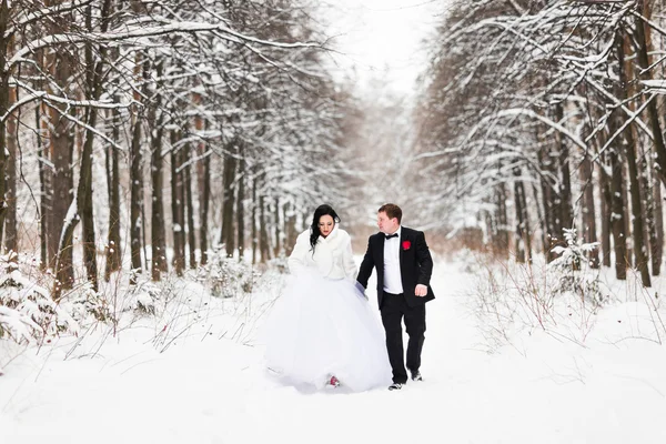 Mariée heureuse et marié le jour du mariage d'hiver — Photo