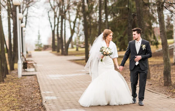 Heureux marié et mariée marche dans le parc d'automne — Photo