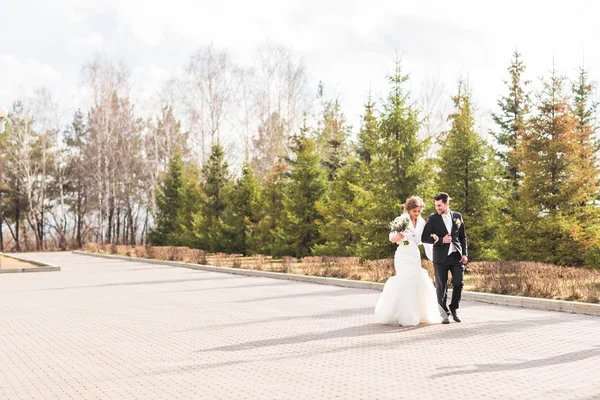 Ευτυχισμένη νύφη και τον γαμπρό περπάτημα στο πάρκο φθινόπωρο — Φωτογραφία Αρχείου