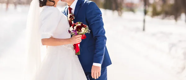 Noiva e noivo em seu casamento de inverno — Fotografia de Stock