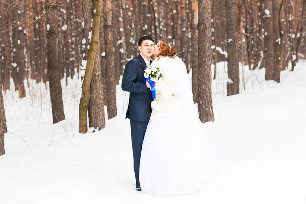 Noiva e noivo nas florestas de inverno . — Fotografia de Stock