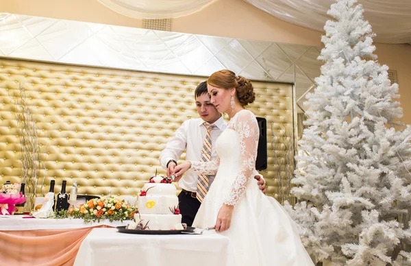 Boda en Navidad. Novia y novio comiendo pastel en recepción —  Fotos de Stock