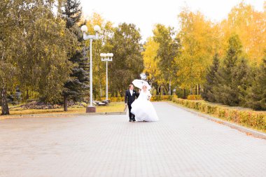 Gelin ve damat sonbahar parkta yürüyüş