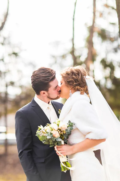 Novia y novio besándose en su boda al aire libre — Foto de Stock