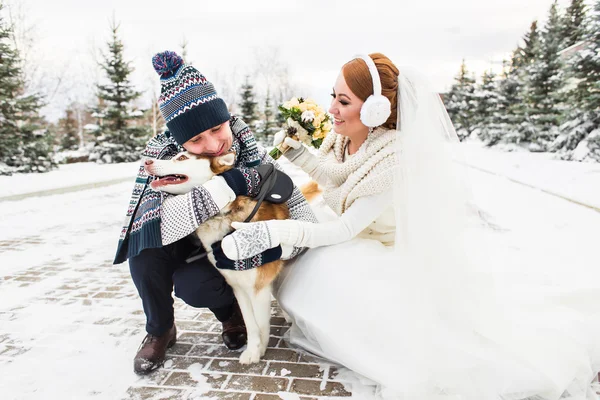 Köpek kış açık havada eğlence ile genç bir çift. — Stok fotoğraf