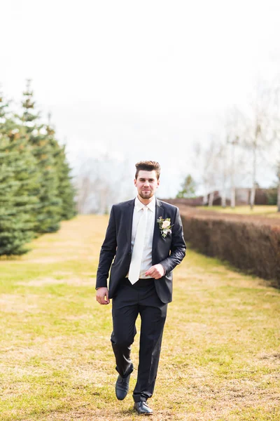 Business, saison, météo et concept de personnes - jeune homme d'affaires souriant automne fond naturel — Photo