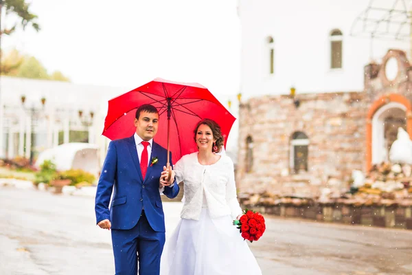 Matrimonio coppia baci sotto la pioggia — Foto Stock