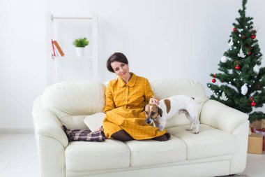 Kadın Noel ağacının önünde köpek Jack Russell Terrier ile kitap okuyor. Noel, tatiller ve evcil hayvan.