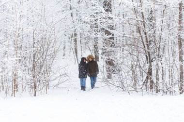 Karlı bir parkta yürüyen genç bir çift. Kış mevsimi.