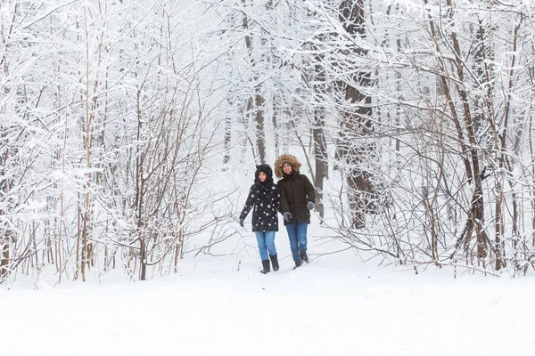 Молодая пара, гуляющая в снежном парке. Зимний сезон. — стоковое фото