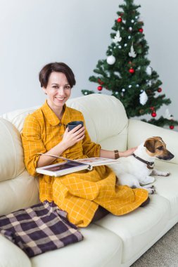 Kadın Noel ağacının önünde köpek Jack Russell Terrier ile kitap okuyor. Noel, tatiller ve evcil hayvan.