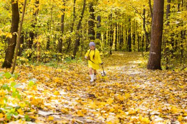 Çocuk sonbahar ormanında Jack Russell Terrier ile oynuyor. Bir köpek, çocuklar ve evcil hayvan konseptiyle sonbahar yürüyüşü.