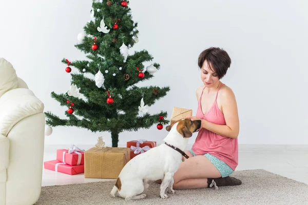 Ευτυχισμένη νεαρή γυναίκα με υπέροχο κουτάκι για το άνοιγμα του σκύλου κάτω από το χριστουγεννιάτικο δέντρο. Έννοια διακοπών. — Φωτογραφία Αρχείου