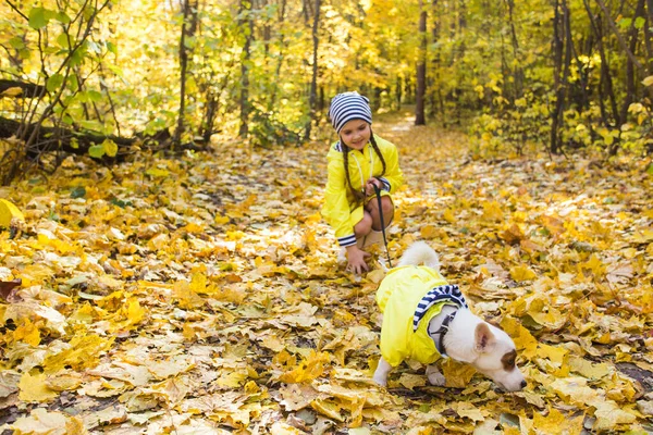 Barnflicka med hund utomhus. Ung med husdjur på hösten. Jack Russell terrier valp. — Stockfoto