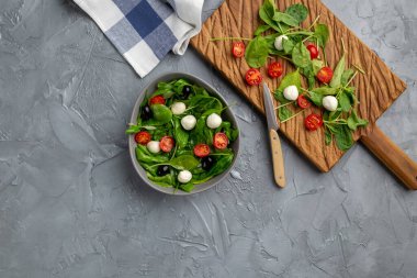 Mozarella peynirli, domatesli ve ıspanaklı taze salata. Sağlıklı beslenme, üst görünüm, kopyalama alanı.