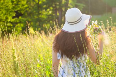 Güneşli yaz gününde kır çiçeklerinin arasında yürüyen güzel genç bir kadının arka manzarası. Yaz doğasıyla iletişim kurmanın zevki kavramı