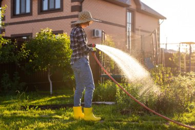 Beyaz kadın bahçıvan iş kıyafetleri içinde güneşli yaz gününde sebze bahçesindeki yatakları suluyor. Bahçede ve çiftlikte çalışma kavramı