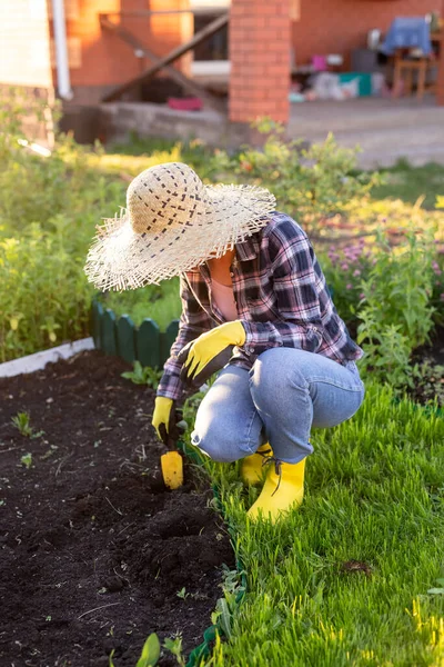 Pozitif gülümseyen genç kadın bahçıvan baharda güneşli bir günde bahçe yatağına çiçek eker. Organik tarım ve hobi konsepti
