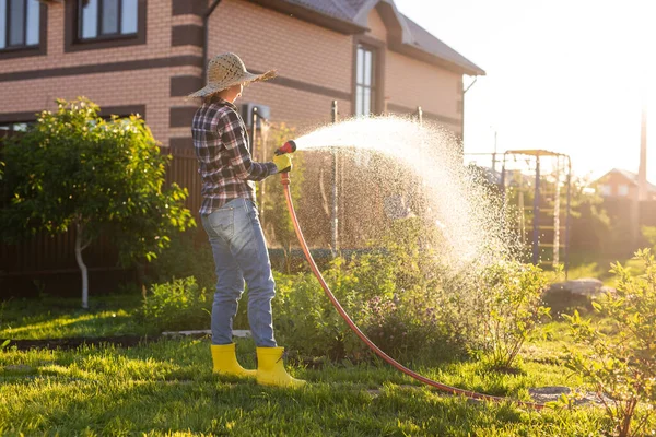 Gardener mulher caucasiana em roupas de trabalho regando as camas em sua horta no dia quente ensolarado do verão. Conceito de trabalhar no jardim e sua fazenda — Fotografia de Stock