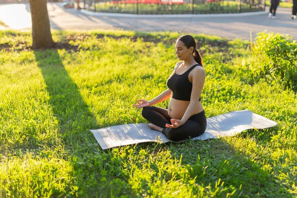 Ung gravid kvinna mediterar i naturen, utövar yoga. Vård av hälsa och graviditet — Stockfoto