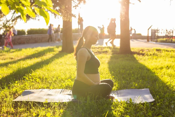 若い妊婦が自然の中で瞑想ヨガを実践しています。健康と妊娠のケア — ストック写真
