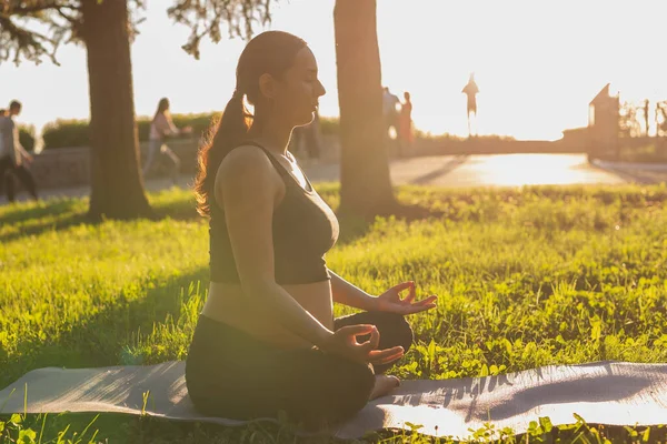 Ung gravid kvinna mediterar i naturen, utövar yoga. Vård av hälsa och graviditet — Stockfoto