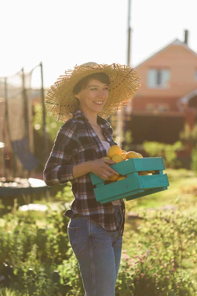 La joven jardinera positiva sostiene una caja de limones en sus manos durante la cosecha en su empresa. Concepto de jardinería ecológica — Foto de Stock