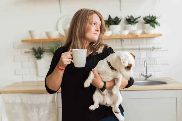 Happy female owner of jack russell terrier dog, feels responsibility of caring about pet, standing against kitchen background. People and relationship with animals — Stock Photo, Image