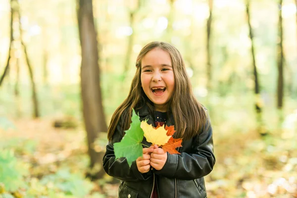 Retrato emocional de outono de criança rindo andando no parque ou na floresta — Fotografia de Stock