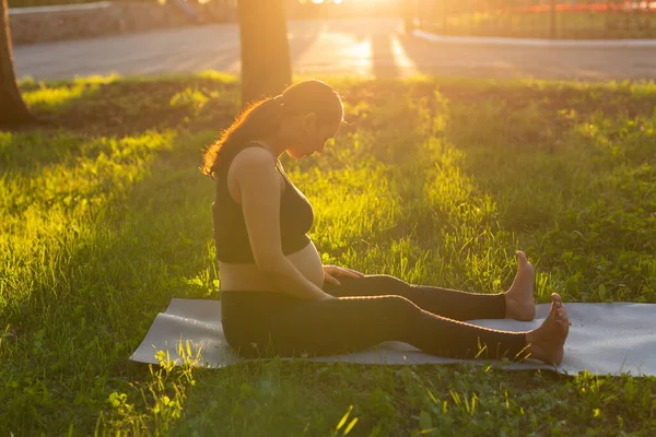 Gravid kvinna sitter på yogamattan i sommarparken. Hälsosam livsstil, förväntar baby och fertilitet koncept. — Stockfoto