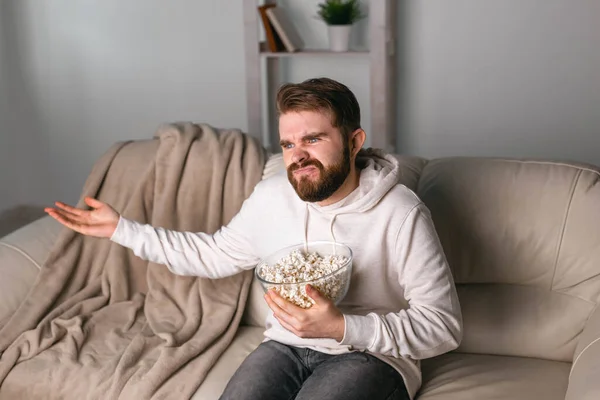 Upset beard man watch sports match and do not understand how his team could lose. Concept of sports game winner and loser. — Stock Photo, Image