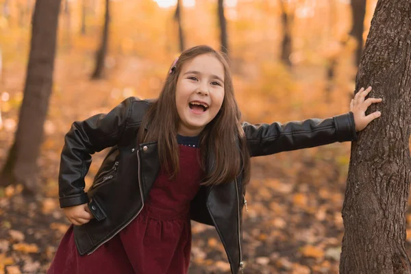 Hösten känslomässigt porträtt av skrattande barn promenader i park eller skog — Stockfoto
