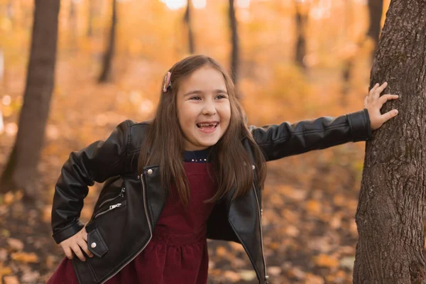 Retrato emocional otoñal del niño riendo caminando por el parque o el bosque — Foto de Stock