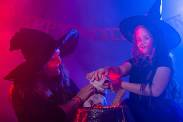 Enfant drôle fille et femme en costumes de sorcières pour Halloween avec chien faisant de la magie. — Photo