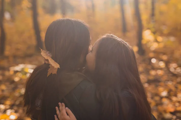 Madre e hija pasan tiempo juntas en el parque amarillo de otoño. Temporada y concepto de padre único. —  Fotos de Stock