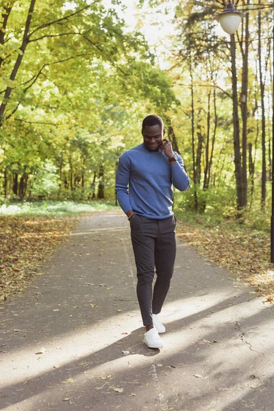 Estudiante afroamericano caminando en el parque en temporada de otoño —  Fotos de Stock