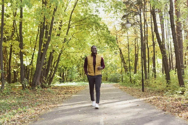 Estudiante afroamericano caminando en el parque en temporada de otoño —  Fotos de Stock