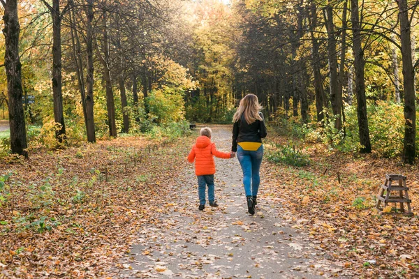 Anne ve oğlu sonbahar parkında yürüyor ve güzel sonbahar doğasının tadını çıkarıyorlar. Sezon, yalnız ebeveynler ve çocuklar konsepti. — Stok fotoğraf