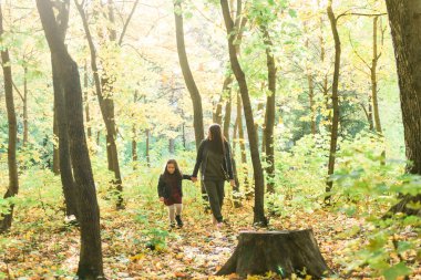 Parkta el ele tutuşan Asyalı anne ve kız. Onlar kalın giysiler giyiyorlar. Tek ebeveynli yaşam tarzı kavramı