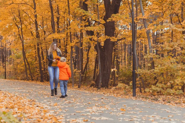 Мать и сын гуляют по осеннему парку и наслаждаются красивой осенней природой. Концепция сезона, родителей-одиночек и детей. — стоковое фото