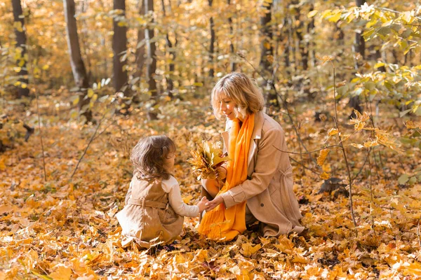 Jonge moeder met haar dochtertje in een herfstpark. Herfstseizoen, ouderschap en kinderconcept. — Stockfoto