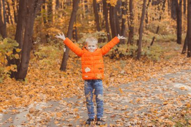 Çocuk sonbahar manzarasının arka planına düşen yaprakları fırlatıyor. Çocukluk, sonbahar ve doğa kavramı.