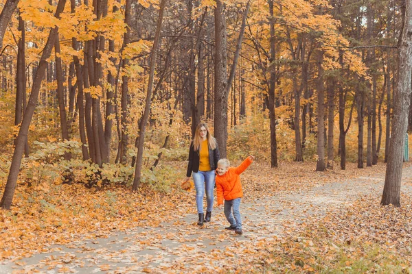 Anne ve oğlu sonbahar parkında yürüyor ve güzel sonbahar doğasının tadını çıkarıyorlar. Sezon, yalnız ebeveynler ve çocuklar konsepti. — Stok fotoğraf