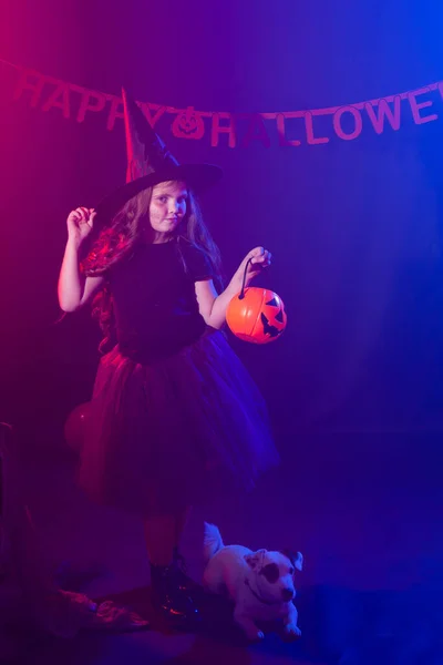 Enfant drôle fille en costume de sorcière pour Halloween avec citrouille Jack et chien. — Photo