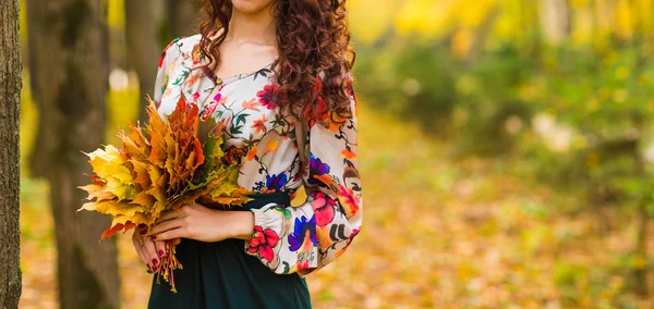 Mädchen im Herbstpark mit Blättern — Stockfoto