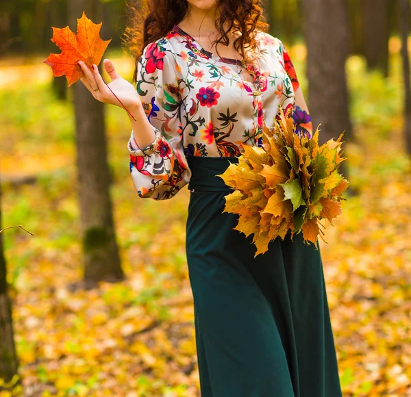 Fille dans le parc d'automne avec des feuilles — Photo