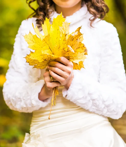 Жінка тримає кленове осіннє листя — стокове фото