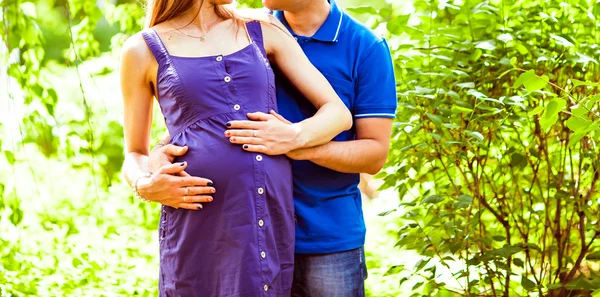 Kobiety w ciąży i jej mąż w parku — Zdjęcie stockowe