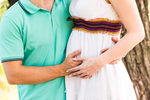 Zwangere vrouw en haar echtgenoot in het park — Stockfoto